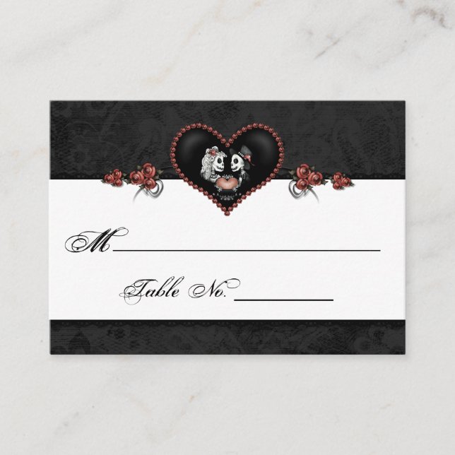 Bröllop Skeleton Black & Grått Heart Place Cards Placeringskort (Framsida)