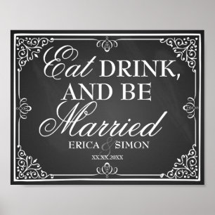 Bröllop-skylt, chalkboard, äta drink och gifta sig poster