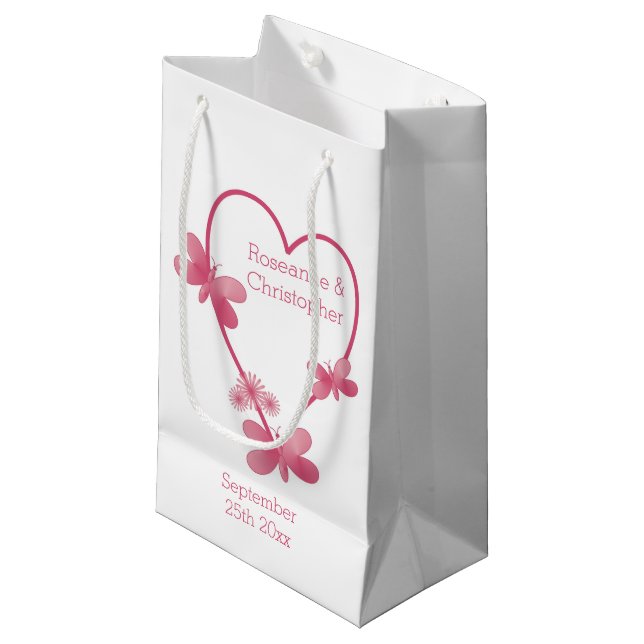 Bröllop Small Gift Bag Rosa Heart och Butterflies (Framsidan Vinklad)
