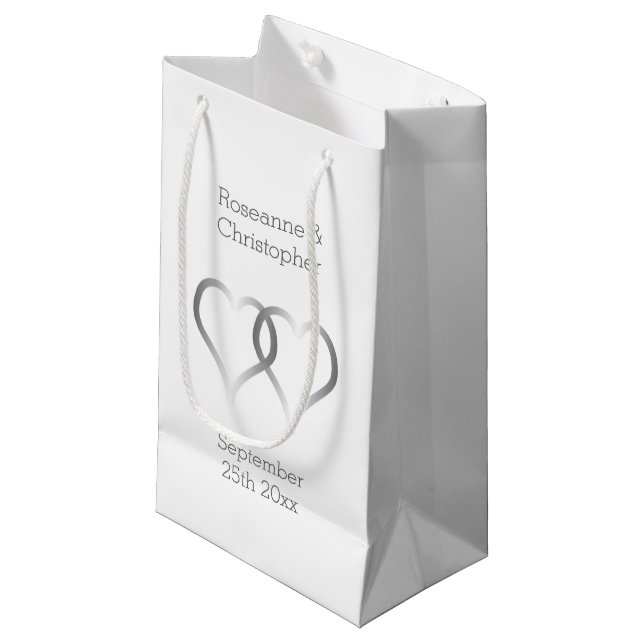 Bröllop Small Gift Bag Silver Hearts (Framsidan Vinklad)
