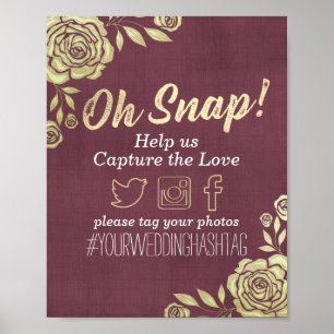 Bröllop Snap Hashtag Modern Guld Ro Burgundy Red Poster