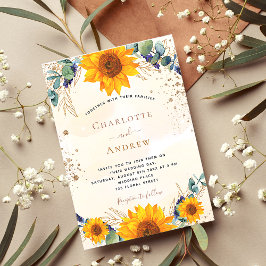Bröllop solblommor eucalyptus guld glitter inbjudningar