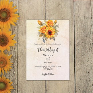 Bröllop solblommor, grå, rustik gult inbjudningar