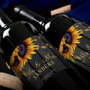 Bröllop solblommor Rustic mr och Mrs party Vinflaska Etikett