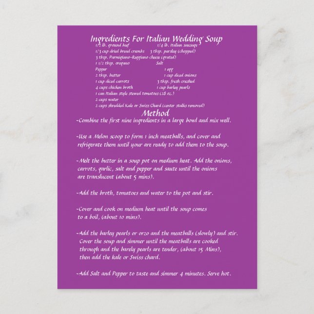 Bröllop Soppa gift RECIPE-KORT Vykort (Framsida)
