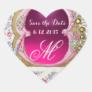 BRÖLLOP SPARA DATE BLOMMIGT PARCHMENT GEMSTONE HEA HJÄRTFORMAT KLISTERMÄRKE