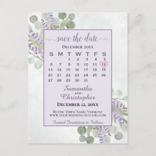 Bröllop spara datum Calendar Eucalyptus Lila Meddelande Vykort