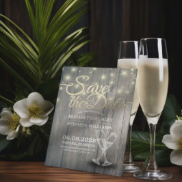 Bröllop spara datum Champagne Glass Wood Light Datumet
