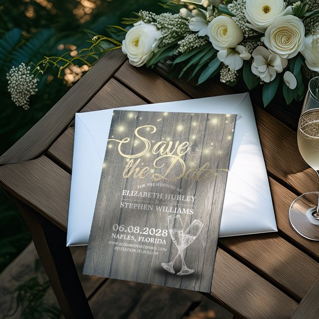 Bröllop spara datum Champagne Glass Wood Light Datumet (Skapare uppladdad)