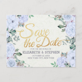 Bröllop Spara Datum Elegant Blommig Guld Skrift Meddelande Vykort