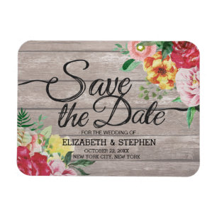 Bröllop spara datum Elegant Flowers Rustic Wood Magnet