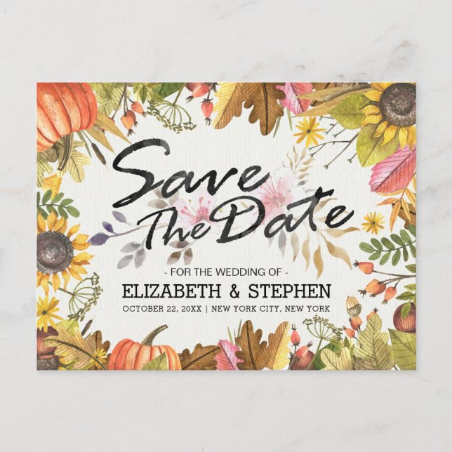 Bröllop Spara Datum Höst Fallande Löv Pumpa Meddelande Vykort (Framsida)