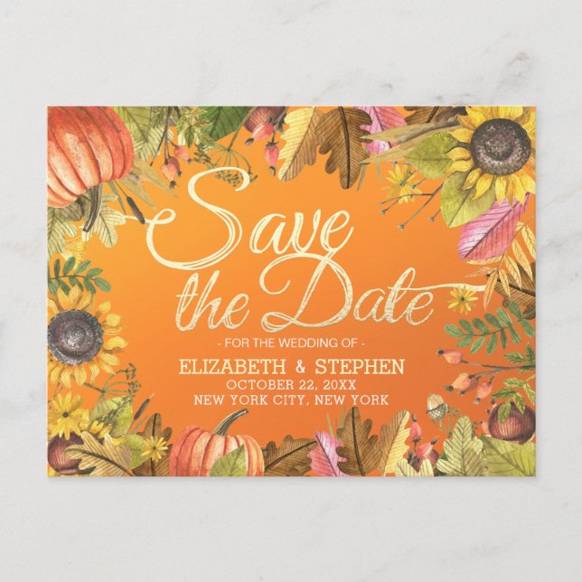 Bröllop Spara Datum Höst Lönnlöv Pumpa Meddelande Vykort (Framsida)