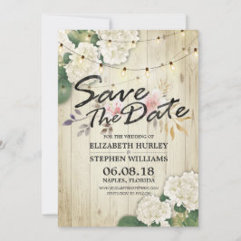 Bröllop spara datum Hydrangea String Ljus Wood Datumet