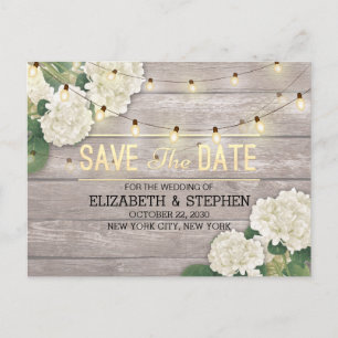 Bröllop spara datum Hydrangea String Ljus Wood Meddelande Vykort
