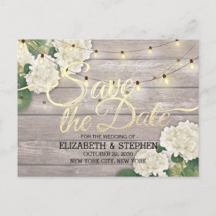 Bröllop spara datum Hydrangea String Ljus Wood Meddelande Vykort