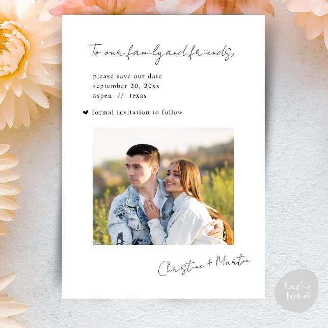 Bröllop Spara Datum Modern Minimalistisk Ren Datumet (Wedding Sate The Date Modern Minimalist Clean signature script Theme Card PDF Black and White)