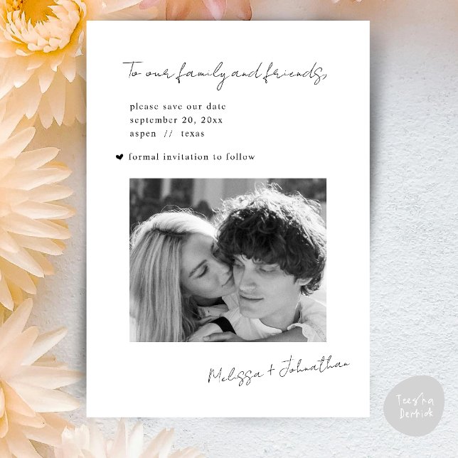 Bröllop Spara Datum Modernt Minimalistiskt Rent Datumet (Wedding Sate The Date Modern Minimalist Clean signature script Theme Card PDF Black and White)