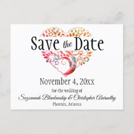 Bröllop spara datum Orange Burgundy Träd Heart Meddelande Vykort