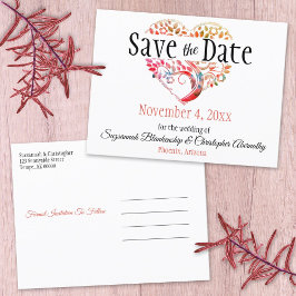 Bröllop spara datum Orange Burgundy Träd Heart Meddelande Vykort