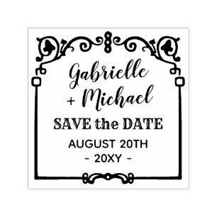 Bröllop spara datum Ornate Vintage Ram Namn Självfärgande Stämpel