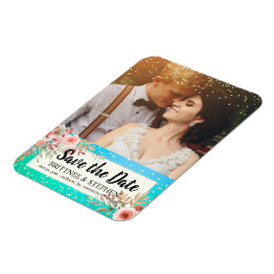 Bröllop spara datum Photo Blommigt Teal Guld Dots Magnet