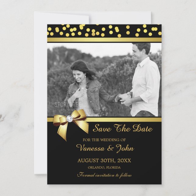 Bröllop spara datum Photo Guld Confetti Black Datumet (Framsida)