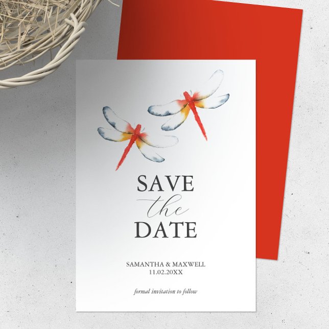 Bröllop spara datum Red Dragonfly Spara Datumet (Wedding theme red dragonfly Save the date invitation Victoria Grigaliunas Florida watercolor artist)
