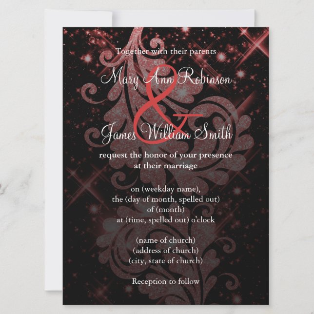 Bröllop spara datum Red Glitter Blommigt Swirl Datumet (Framsida)