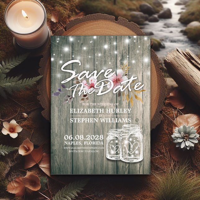 Bröllop spara datum Rustic Wood Mason Burk Ljus Spara Datumet (Skapare uppladdad)