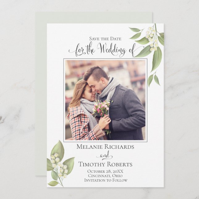 Bröllop spara datum Sage Greenery Elegant Photo Spara Datumet (Fram/baksida)