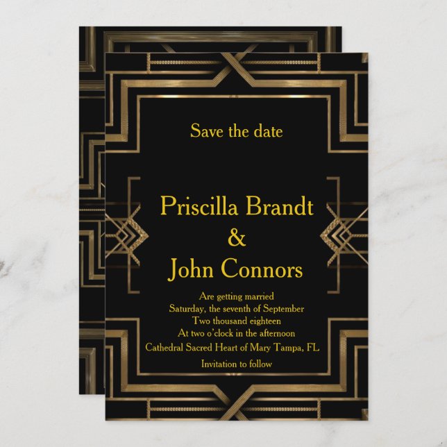 Bröllop spara datum, svarta & guld, underbara Gats Inbjudningar (Fram/baksida)