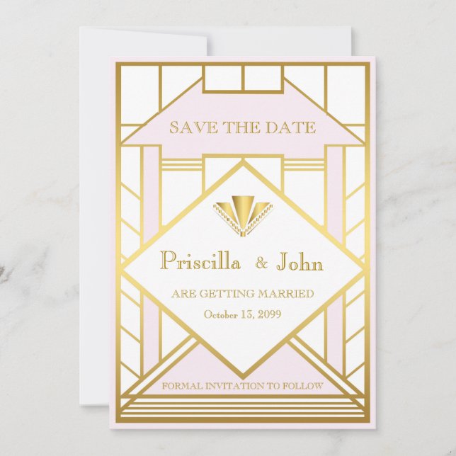 Bröllop spara datum,Underbar Gatsby,vit guld rosa Spara Datumet (Framsida)