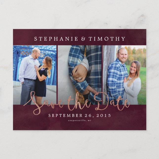 Bröllop - Spara datum - vinröd och roséguld Meddelande Vykort (Framsida)