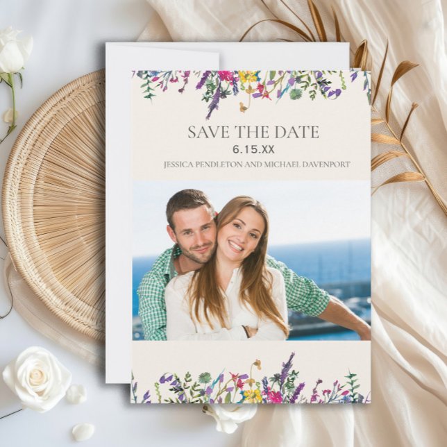 Bröllop Spara Foto Watercolor Wildblommor Datumet (Watercolor wildflowers wedding Save the Date photo card)
