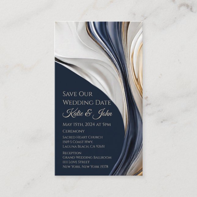 Bröllop Spara vår date- Modern Blue White och Guld Visitkort (Framsida)