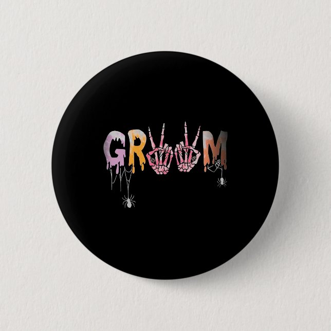 Bröllop Spooky Halloween Skeleton Groom Just Marri Knapp (Framsida)