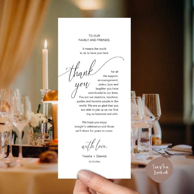 Bröllop Ställe Inställning av modernt tackkort Program (Modern Wedding Dinner Brunch Place Setting Thank You Card romantic in aesthetic classy white black)