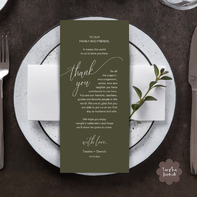 Bröllop Ställe Inställning av modernt tackkort Program (Modern Wedding Dinner Brunch Place Setting Thank You Card romantic in aesthetic rustic Olive Green)