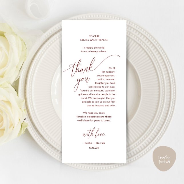 Bröllop Ställe Inställning av modernt tackkort Program (Modern Wedding Dinner Brunch Place Setting Thank You Card romantic in aesthetic burgundy red)