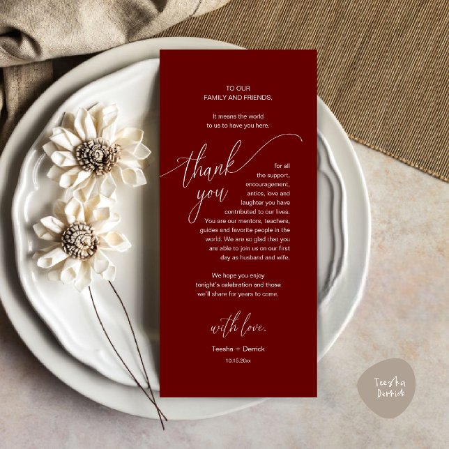 Bröllop Ställe Inställning av modernt tackkort Program (Modern Wedding Dinner Brunch Place Setting Thank You Card romantic in aesthetic burgundy red)
