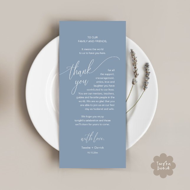 Bröllop Ställe Inställning av modernt tackkort Program (Modern Wedding Dinner Brunch Place Setting Thank You Card romantic in aesthetic classy dusty blue)