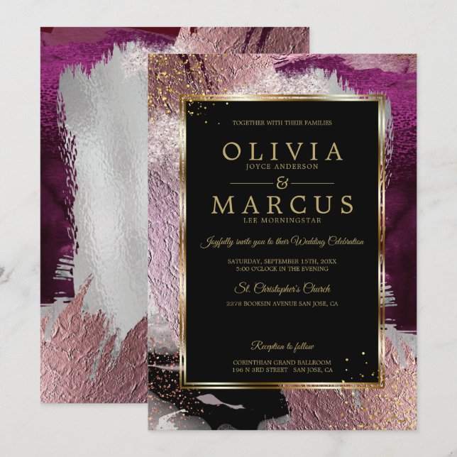 Bröllop | Stunning djärva Cassis Plum Abstrakt Inbjudningar (Fram/baksida)