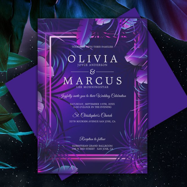 Bröllop | Stunning Neon Tropical Foliage Inbjudningar (BOLD  Tropical Neon Wedding in shades of blue and purple.)