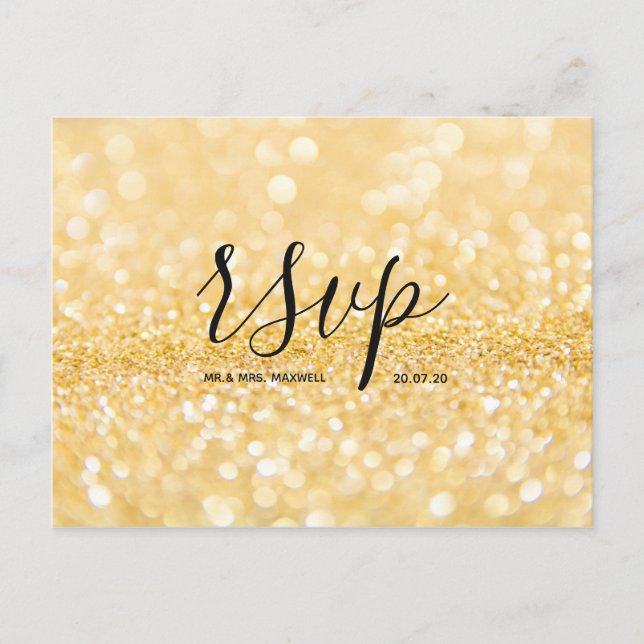 Bröllop Svarskort | Guld Glitter Skript Postkort Inbjudan Vykort (Framsida)
