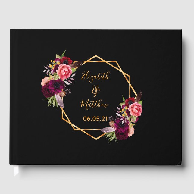 Bröllop svart guld, geometrisk blommigt, burgundi gästböcker (Framsida)