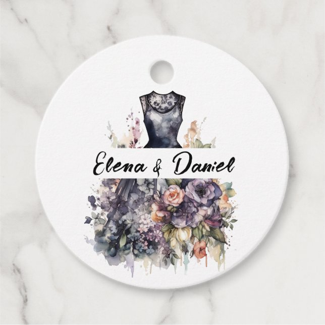Bröllop svart klänningsfärgsfärg rosa lavender ro gåvor etiketter (Framsida)