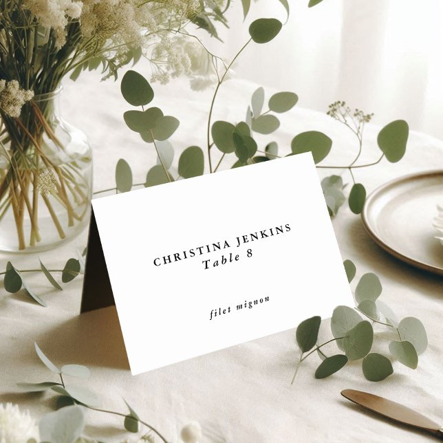 Bröllop Svart & Vitt Anpassad Gästnamn Bordskort (Wedding Black & White Custom Guest Name Table Card Name & Meal Choice Side 1)