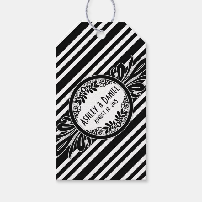 Bröllop Tack Black White Rand Blommigt Presentetikett (Framsidan)