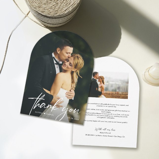 Bröllop Tack Boho Arch Foto Tack Inbjudningar (Customizable Modern photos boho arch wedding thank you card.)